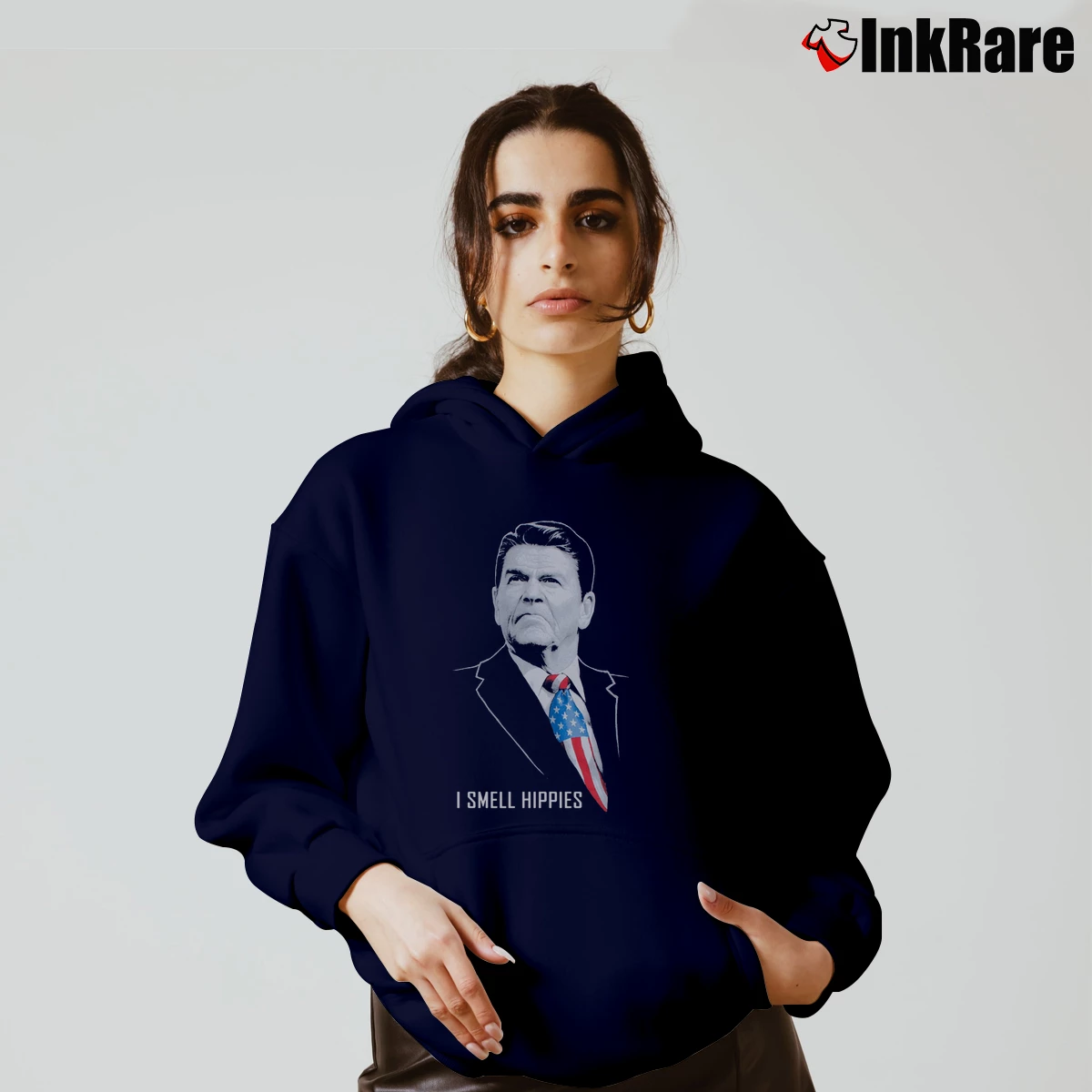 Women’s I Smell Hippies Funny Ronald Reagan Conservative USA Cozy Hoodie in navy | Warm, Structured, Stylish