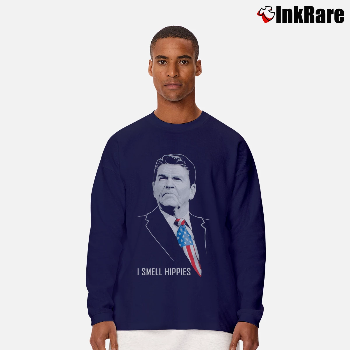 Men’s I Smell Hippies Funny Ronald Reagan Conservative USA Long-Sleeve Shirt in navy | Sleek, Lightweight, Year-Round Wear