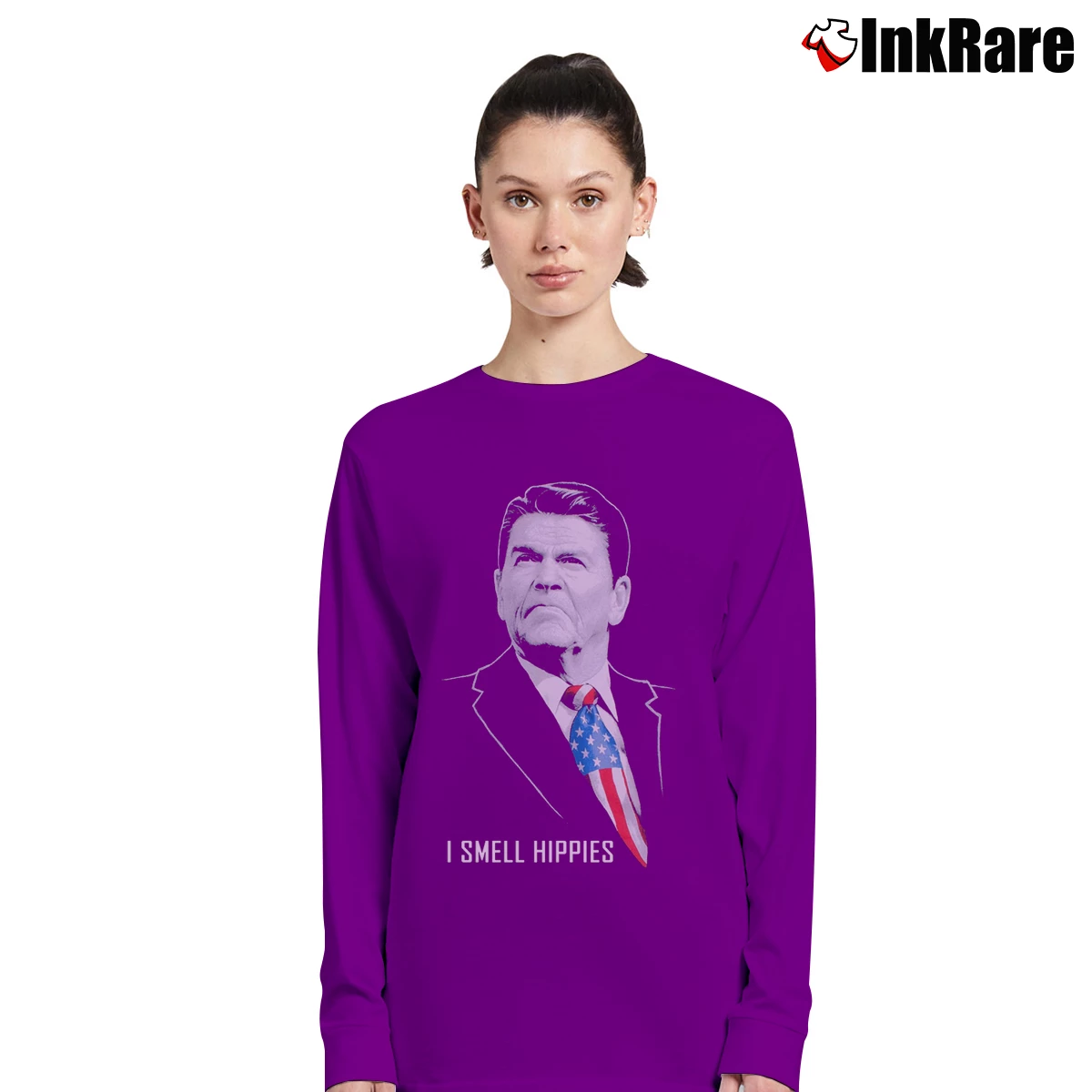 Women’s I Smell Hippies Funny Ronald Reagan Conservative USA Long-Sleeve Top in purple | Sleek, Versatile, All-Season