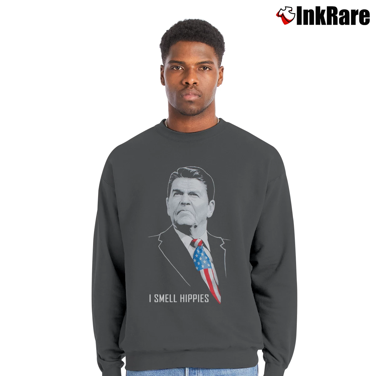 Men’s I Smell Hippies Funny Ronald Reagan Conservative USA Crewneck Sweatshirt in charcoal | Cozy Fabric, Clean Style