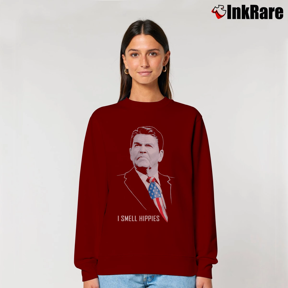 Women’s I Smell Hippies Funny Ronald Reagan Conservative USA Relaxed Sweatshirt in maroon | Soft, Laid-Back Vibe