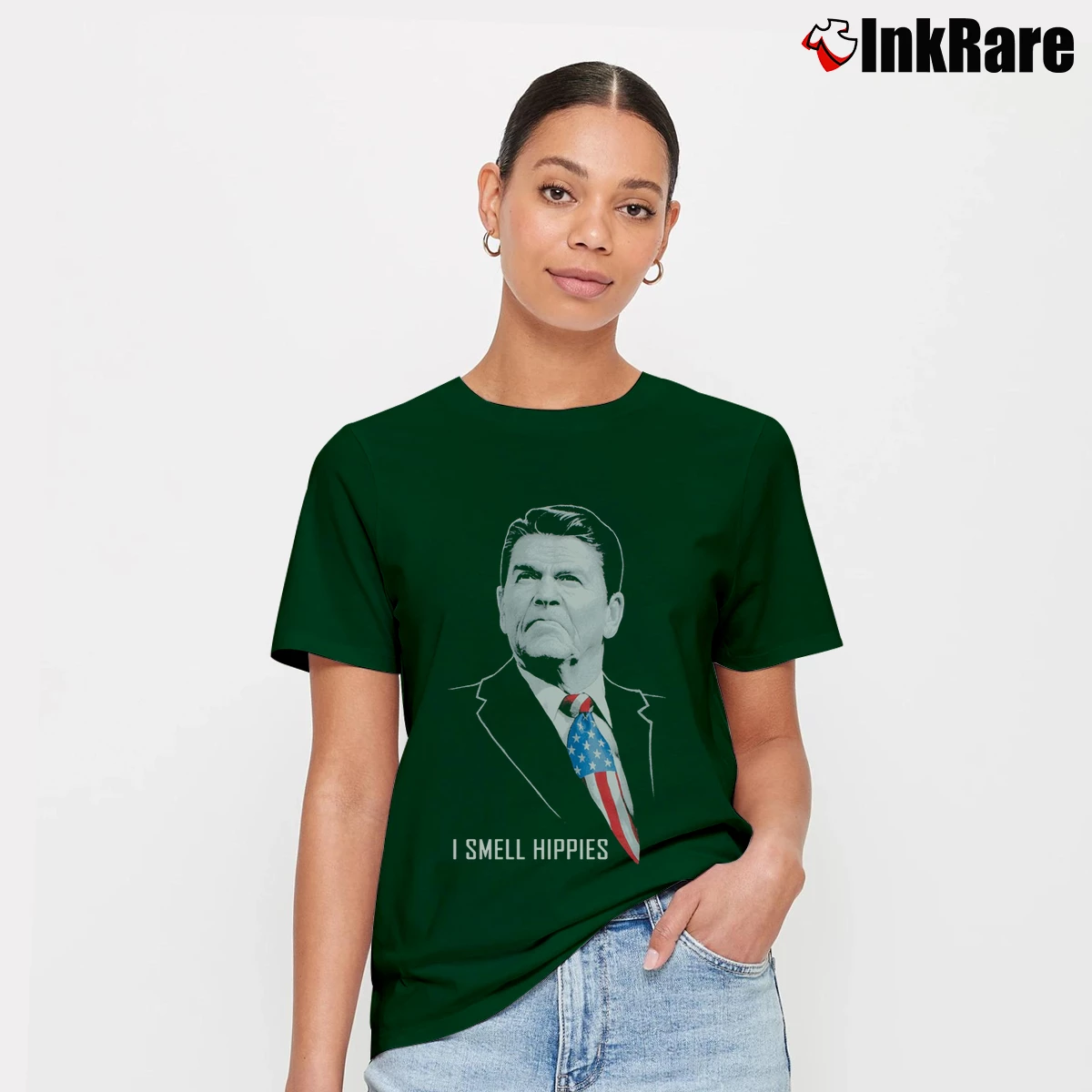 Women’s I Smell Hippies Funny Ronald Reagan Conservative USA Signature T-Shirt in forest green | Soft, Flattering Fit