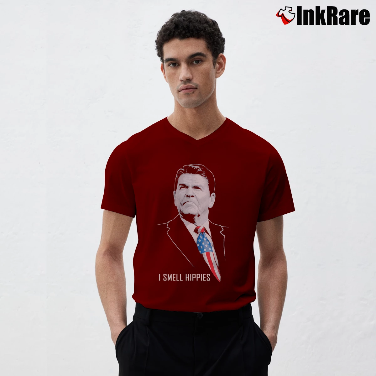 Men’s I Smell Hippies Funny Ronald Reagan Conservative USA V-Neck Tee in maroon | Sharp, Breathable, Everyday Staple