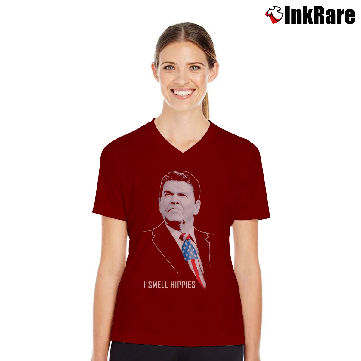 Women’s I Smell Hippies Funny Ronald Reagan Conservative USA V-Neck Tee in maroon | Chic Neckline, Soft Texture