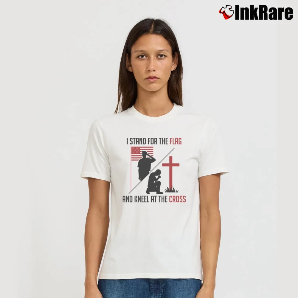 Women’s I Stand For The Flag And Kneel At The Cross Signature T-Shirt in white | Soft, Flattering Fit