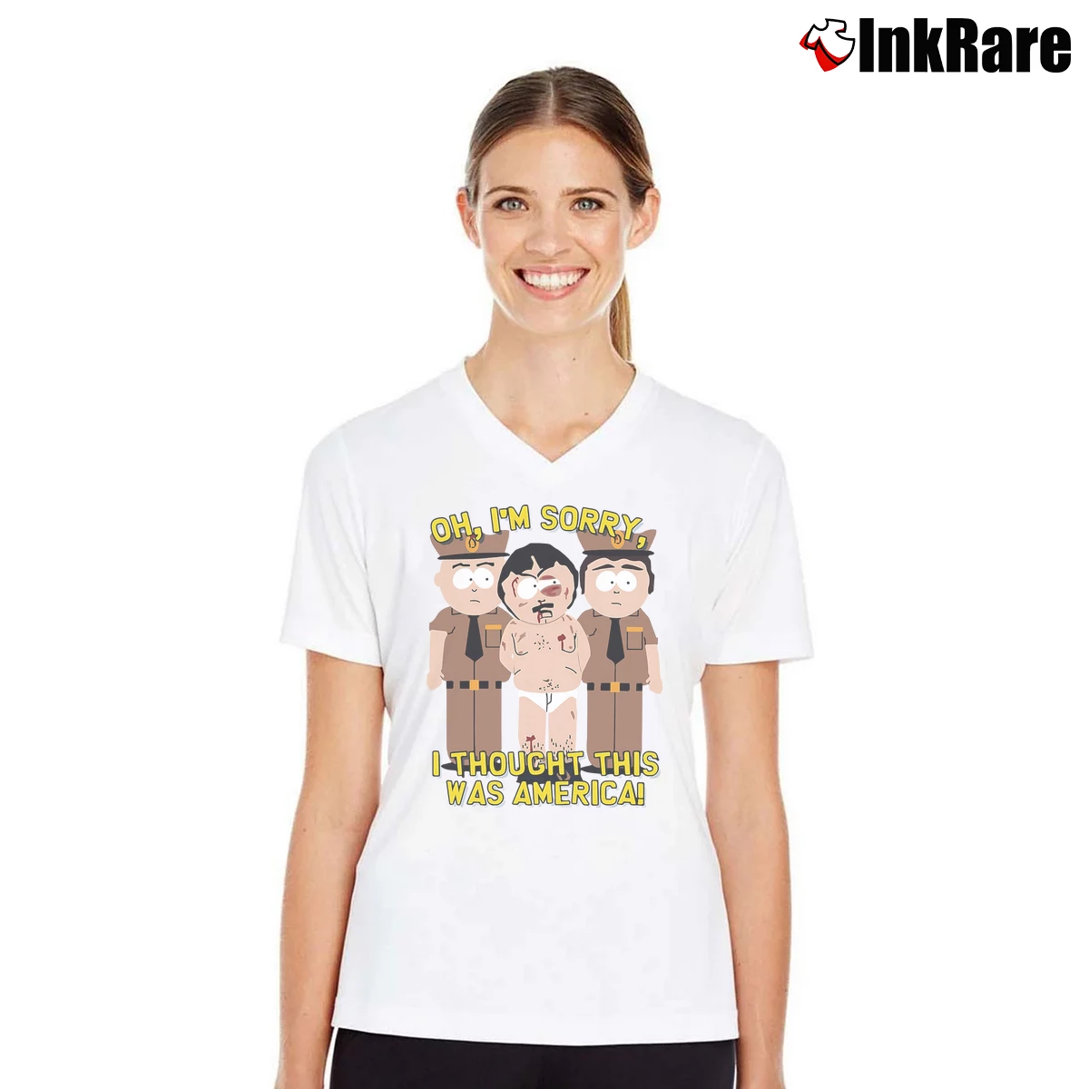 Women’s I Thought This Was America South Park V-Neck Tee in white | Chic Neckline, Soft Texture
