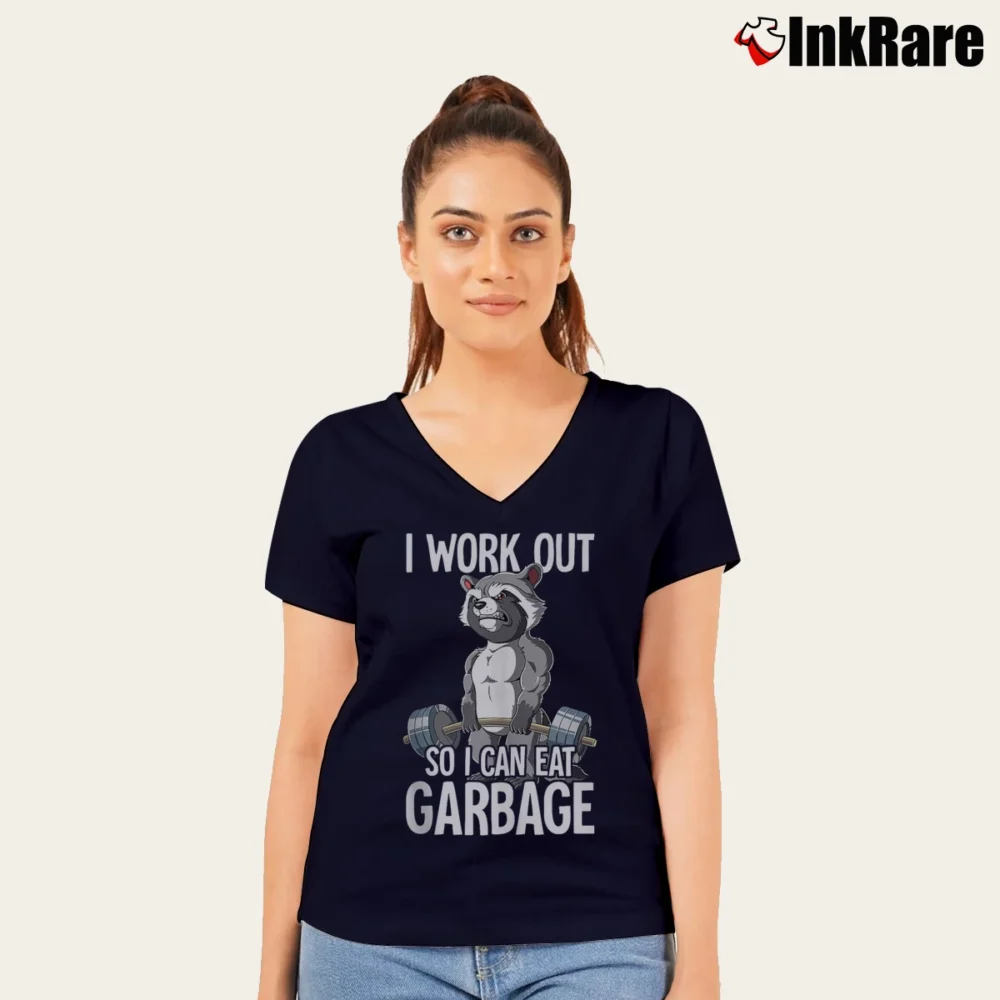 Women’s I Workout So I Can Eat Garbage V-Neck Tee in navy | Chic Neckline, Soft Texture