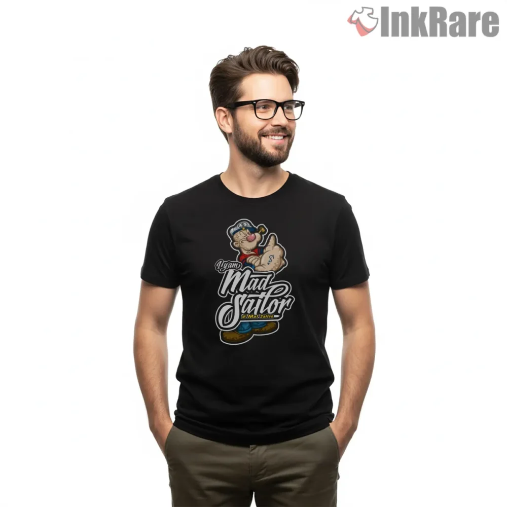 I Yam Mad Sailor Grunge Script Shirt on black short sleeve shirt for men graphic tee