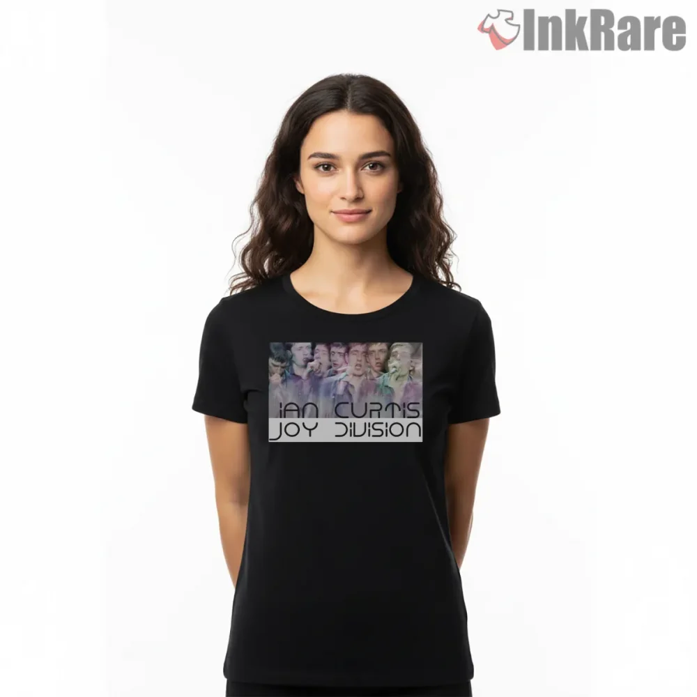Ian Curtis Glitch Portrait Joy Division Shirt on black short sleeve shirt for women graphic tee