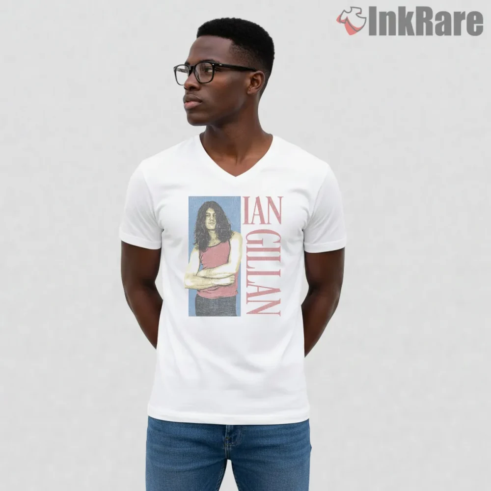 Ian Gillan Young Era Portrait Shirt on white v-neck shirt for men graphic tee