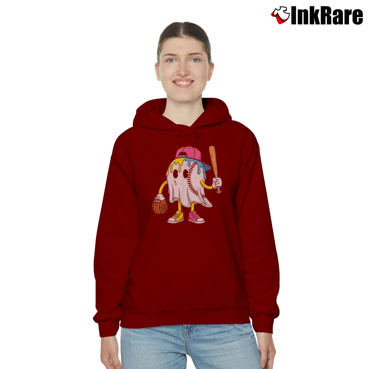 Women’s Ice Cream Drip Ghost Baseball Halloween Cozy Hoodie in maroon | Warm, Structured, Stylish