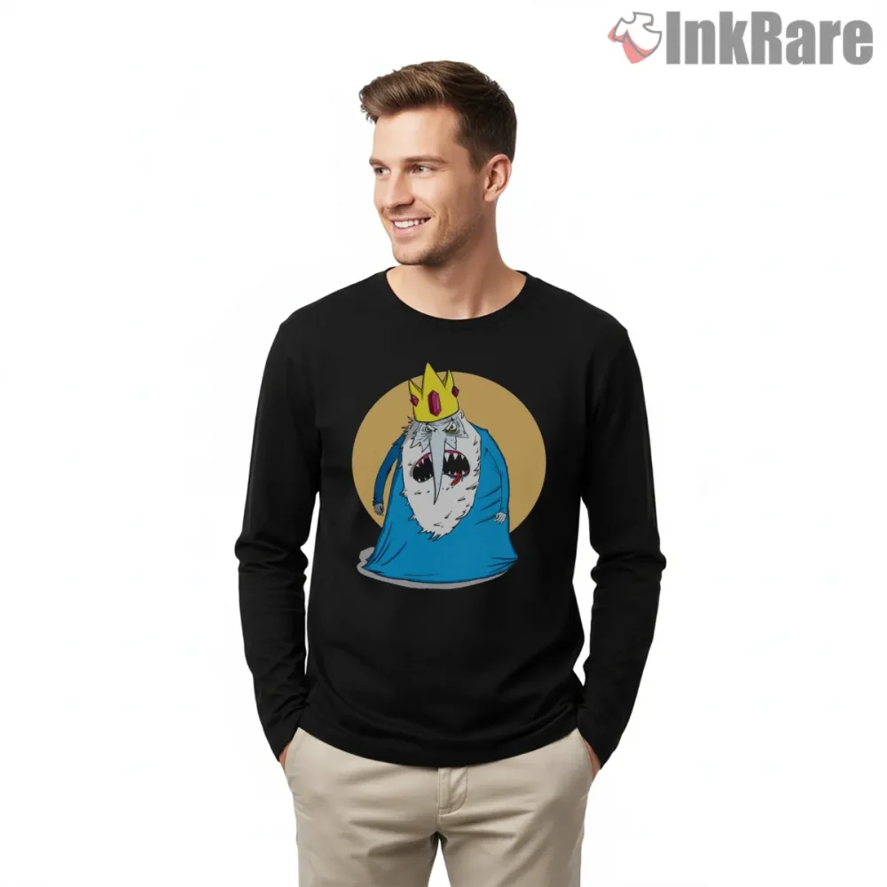 Ice King Angry Expression Minimal Circle Cartoon Shirt on black long sleeve shirt for men graphic tee