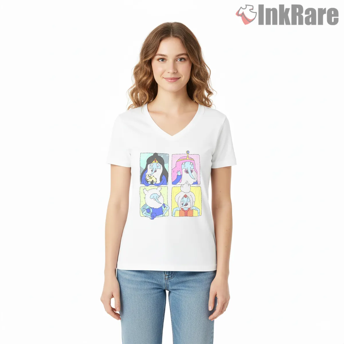 Ice King Expression Grid Cartoon Character V Neck White Ice King Expression Grid Cartoon Character Shirt on white v-neck shirt for women graphic tee