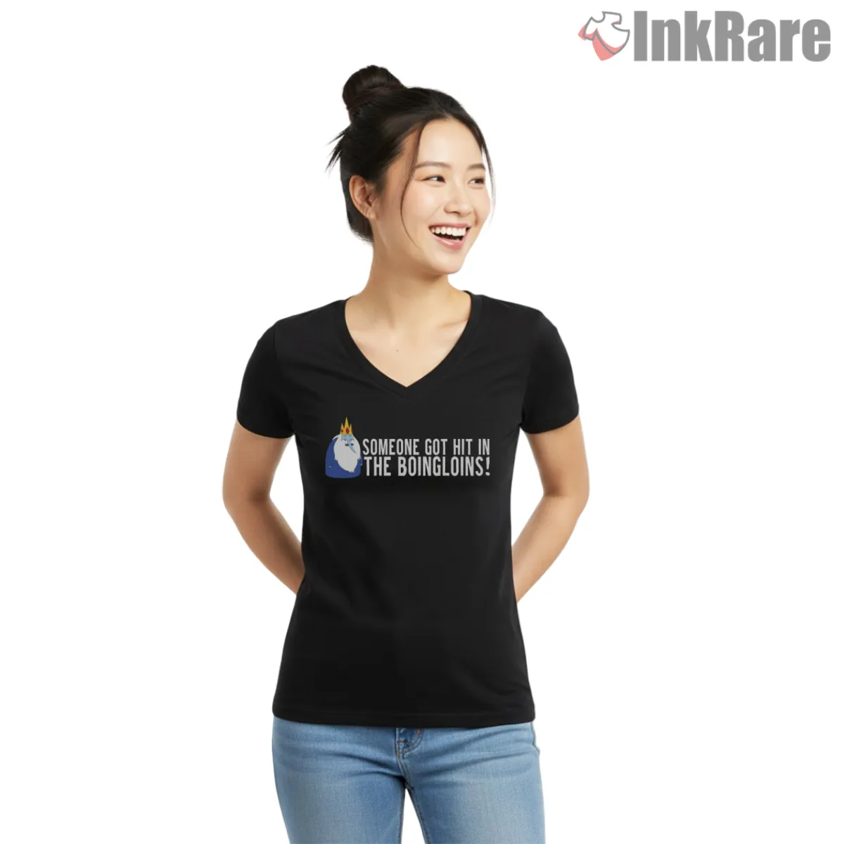Ice King Quote Humor Minimal Text Cartoon V Neck Black Ice King Quote Humor Minimal Text Cartoon Shirt on black v-neck shirt for women graphic tee