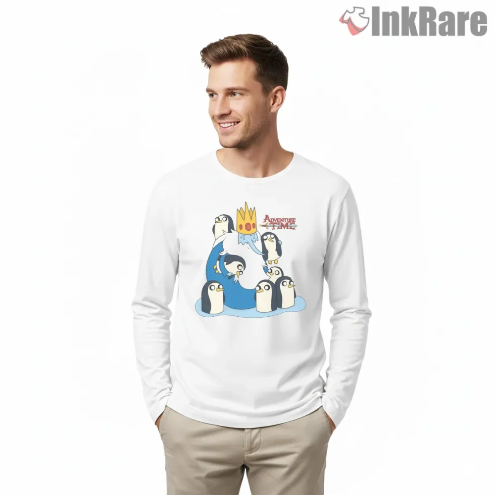 Ice King With Penguins Group Cartoon Character Shirt on white long sleeve shirt for men graphic tee