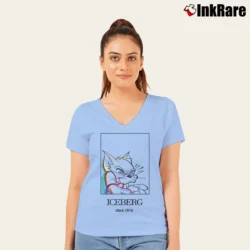 Women’s Iceberg Tom Cartoon Logo Graphic V-Neck Tee in light blue | Chic Neckline, Soft Texture