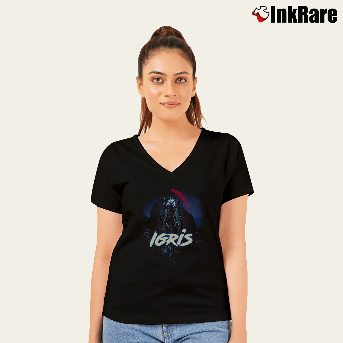 Women’s Igris Solo Leveling V-Neck Tee in black | Chic Neckline, Soft Texture