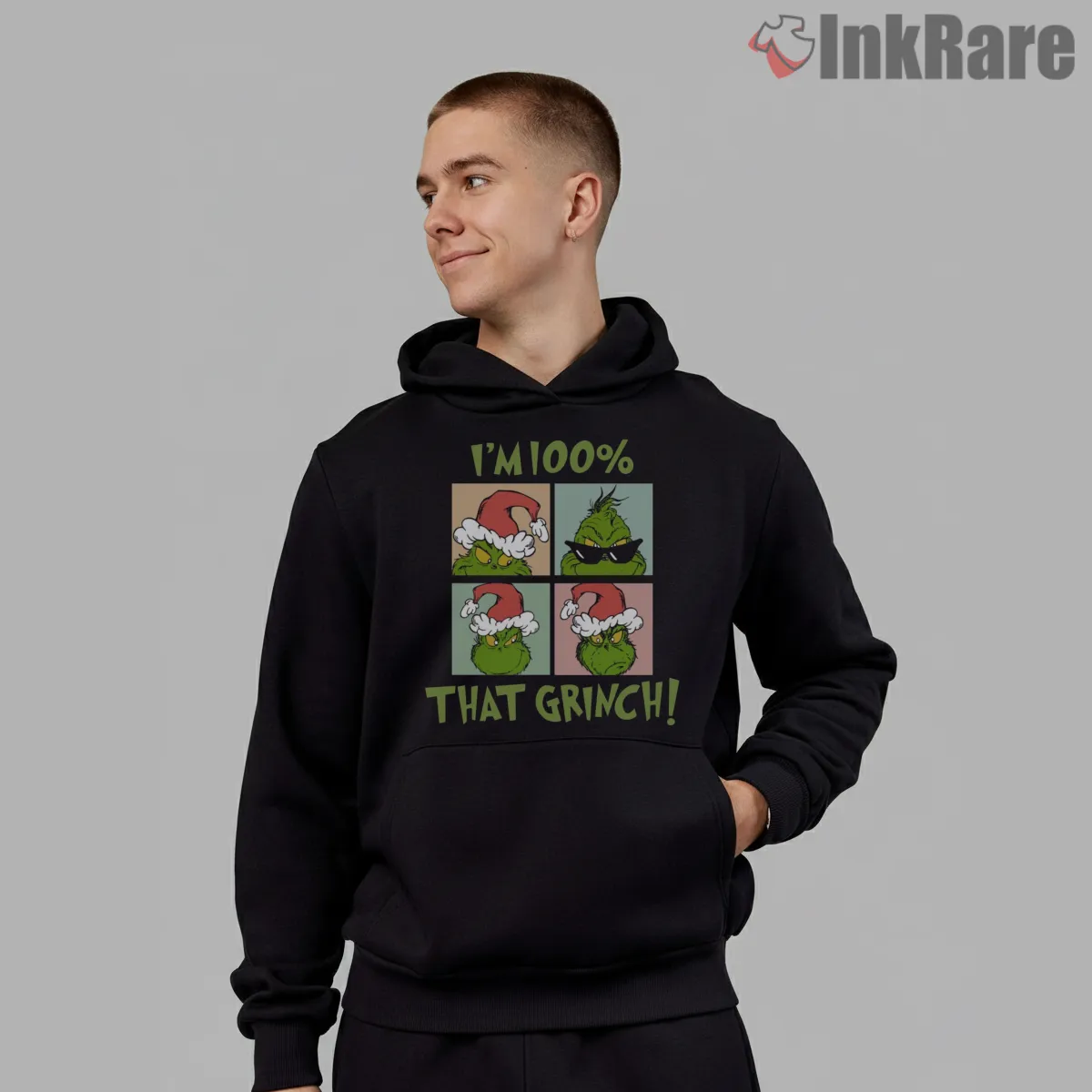 Im 100 Percent That Grinch Christmas Meme Hoodie Black Im 100 Percent That Grinch Christmas Meme Shirt on black hoodie for men graphic tee
