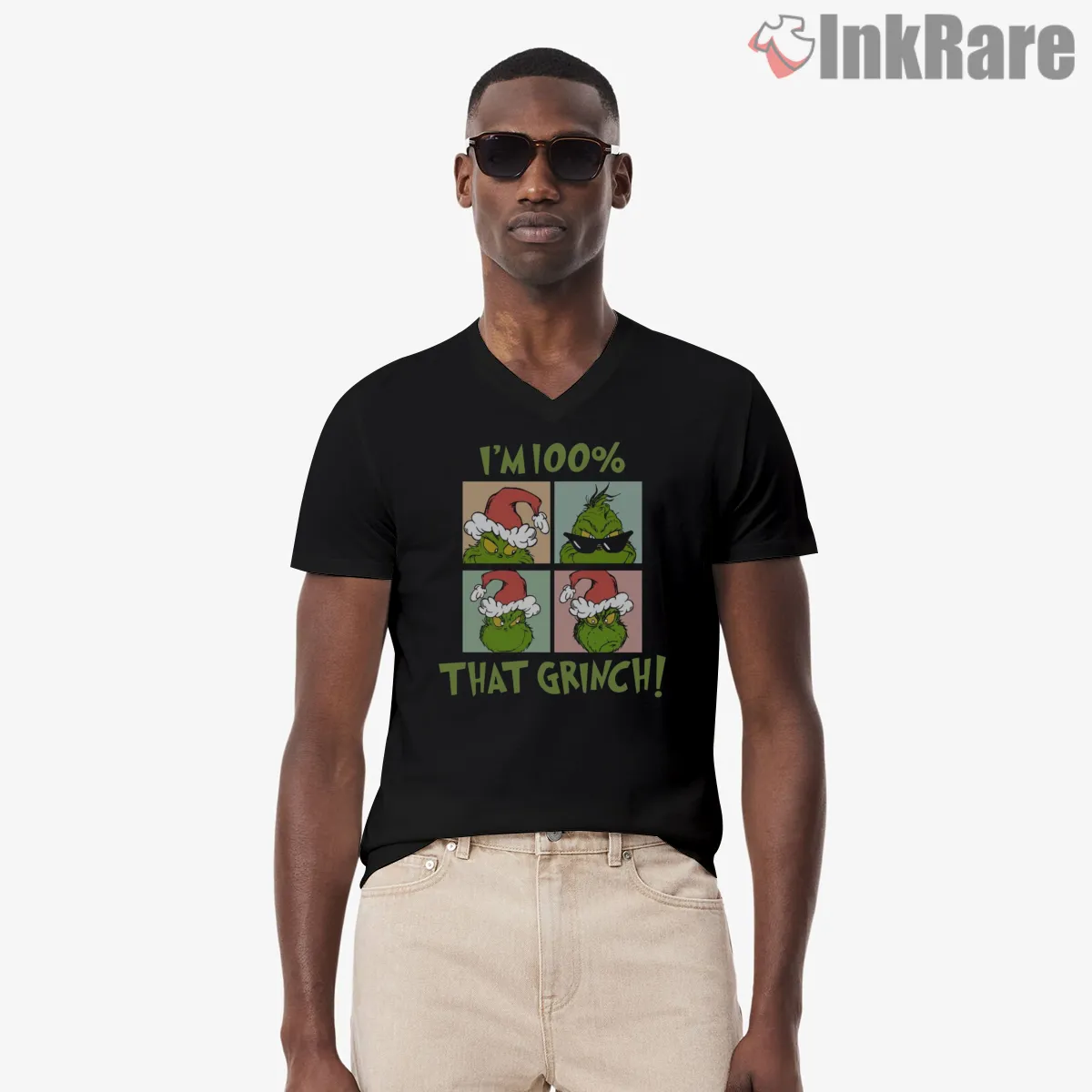Im 100 Percent That Grinch Christmas Meme V Neck Black Im 100 Percent That Grinch Christmas Meme Shirt on black v-neck shirt for men graphic tee