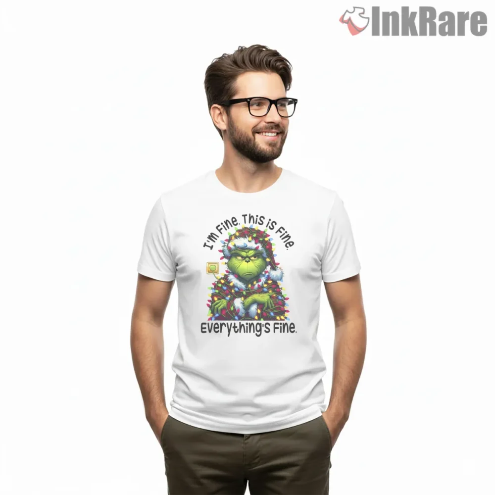Im Fine This Is Fine Grinch Christmas Lights Shirt on white short sleeve shirt for men graphic tee