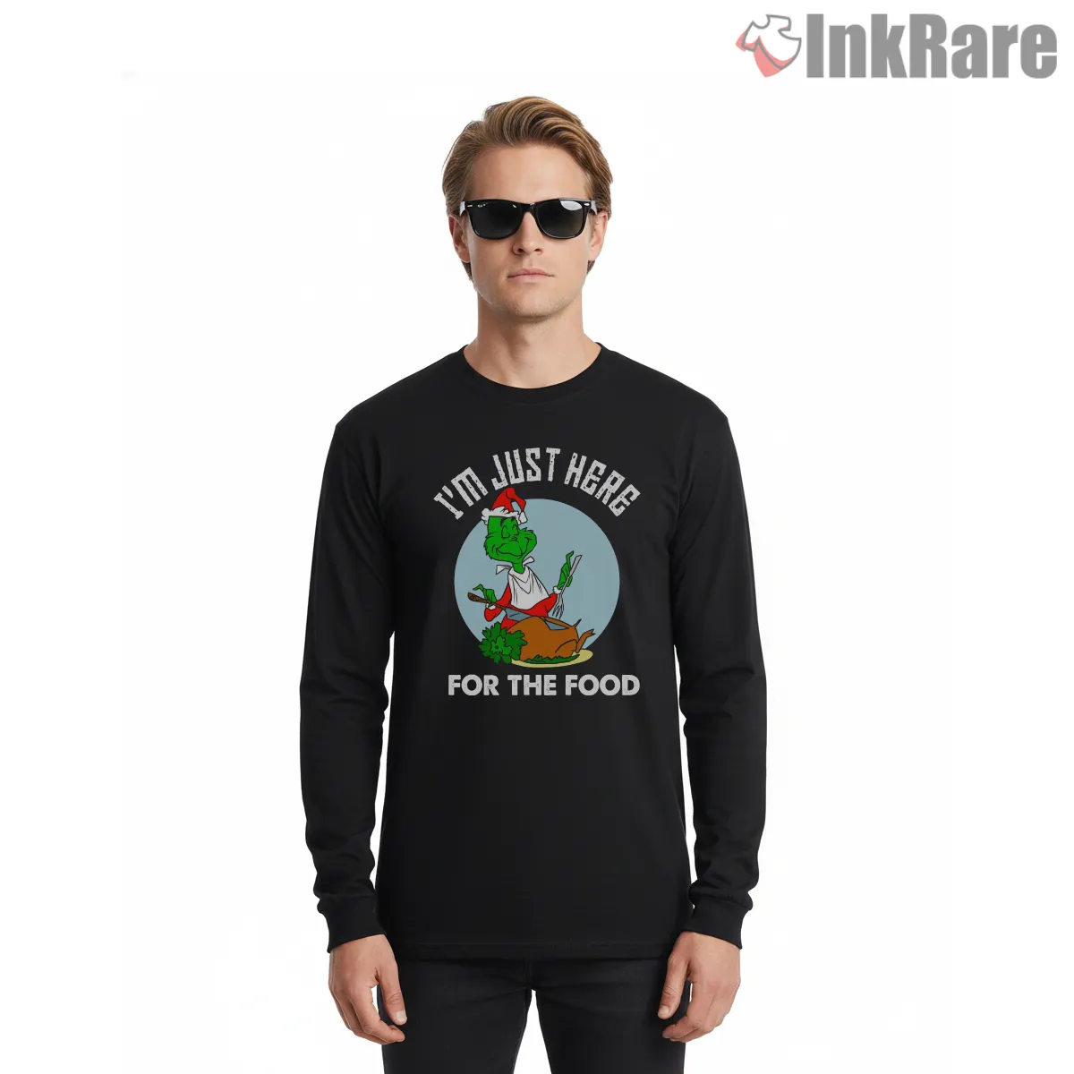 Im Just Here For The Food Grinch Holiday Shirt on black long sleeve shirt for men graphic tee