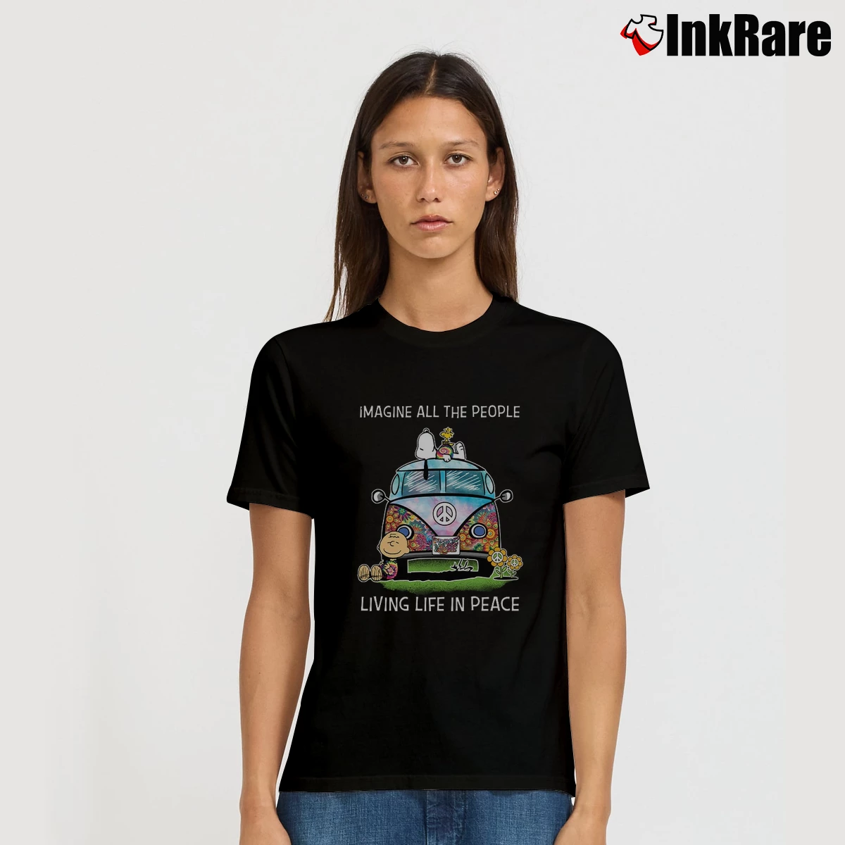 Imagine All The People Living Life In Peace Snoopy Women’s Tee in black – Effortless Style Women’s Imagine All The People Living Life In Peace Snoopy T-Shirt in black | Soft, Flattering Fit
