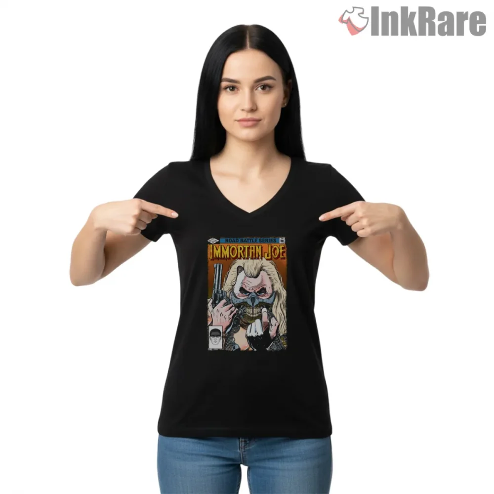 Immortan Joe Comic Panel Villain Portrait Mad Max Shirt on black v-neck shirt for women graphic tee