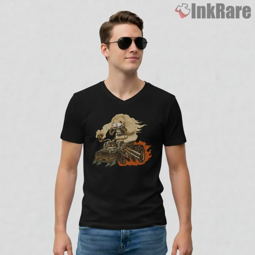 Immortan Joe Fink Style Hot Rod Cartoon Mashup Shirt on black v-neck shirt for men graphic tee