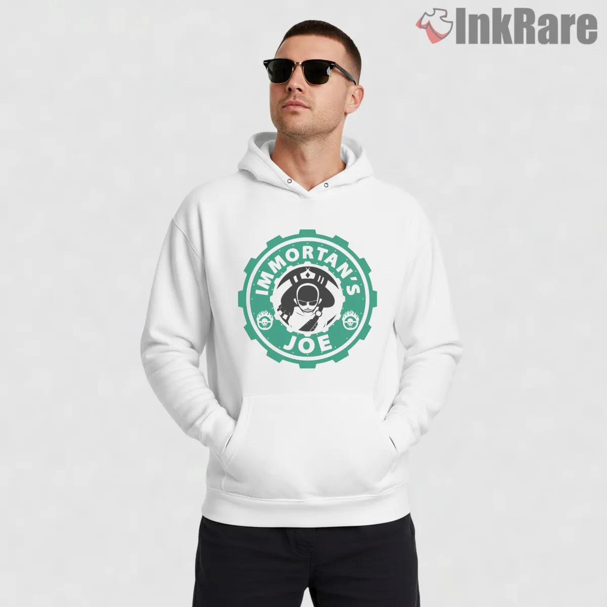 Immortan Joe Green Circle Logo Parody Shirt on white hoodie for men graphic tee