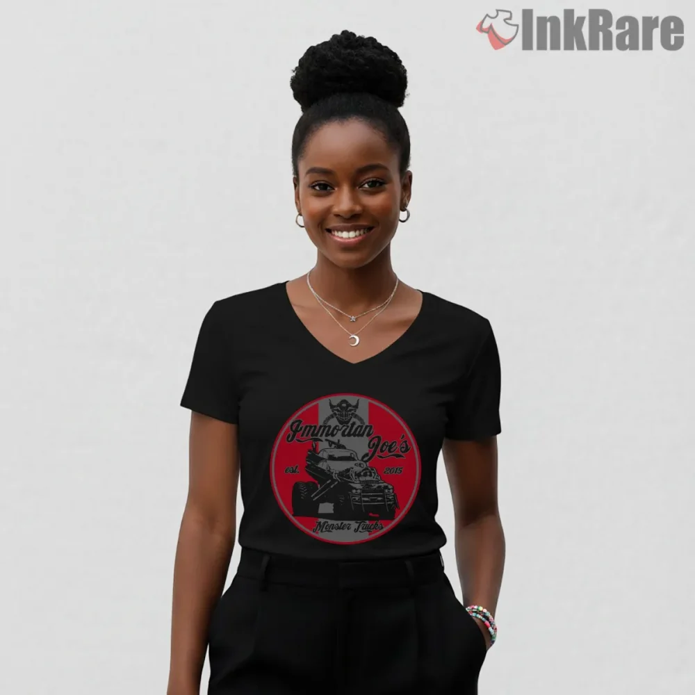 Immortan Joe Monster Trucks Wasteland Garage Shirt on black v-neck shirt for women graphic tee