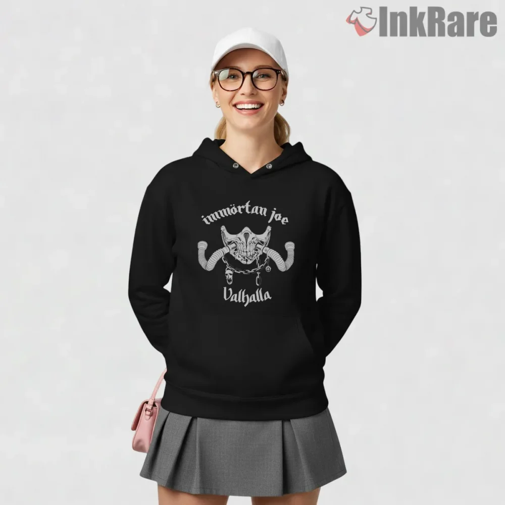 Immortan Joe Valhalla Skull Mask Minimal Graphic Shirt on black hoodie for women graphic tee