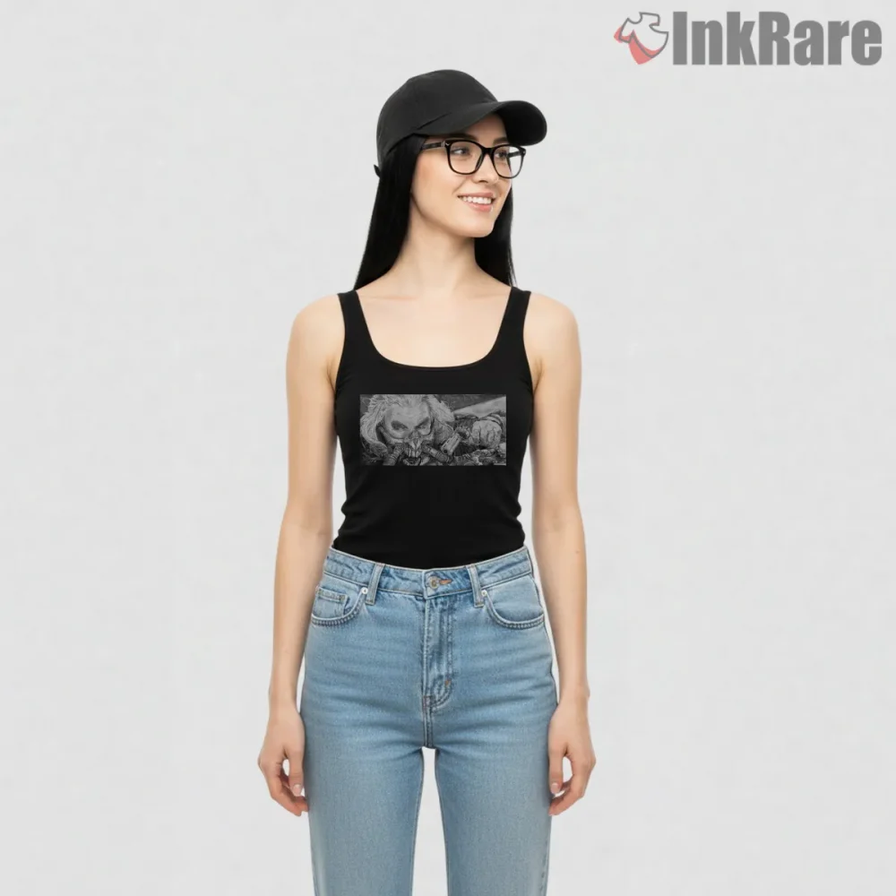 Immortan Joe Wasteland Tyrant Black And White Portrait Shirt on black tank top for women graphic tee