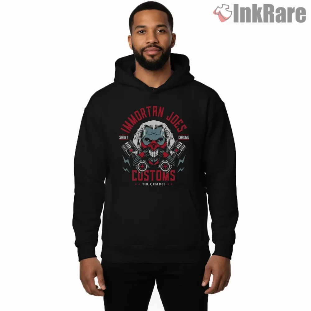 Immortan Joes Customs Engine Skull Garage Shirt on black hoodie for men graphic tee