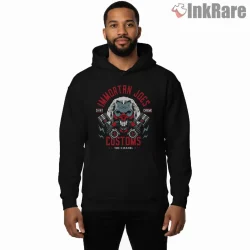 Immortan Joes Customs Engine Skull Garage Shirt on black hoodie for men graphic tee