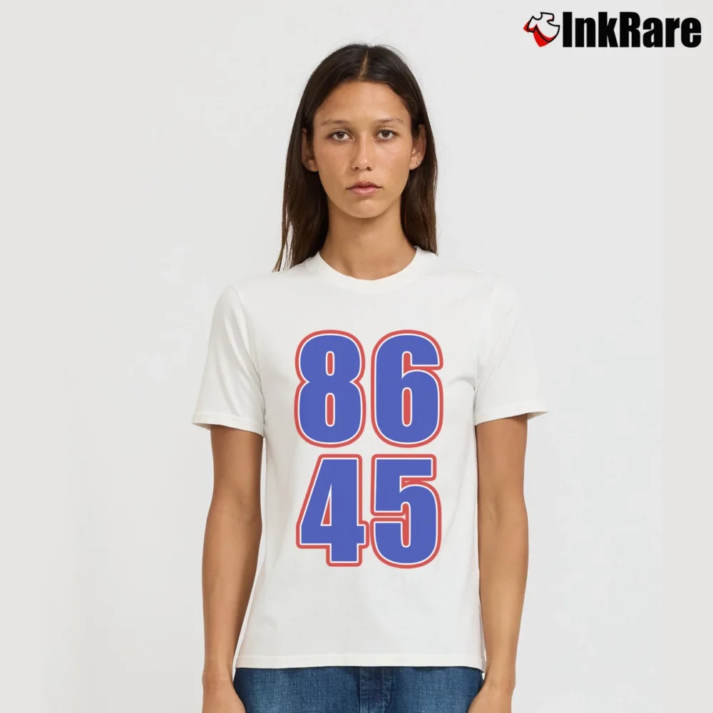 Women’s Impeach 45 86 Him Patriotic Button Signature T-Shirt in white | Soft, Flattering Fit