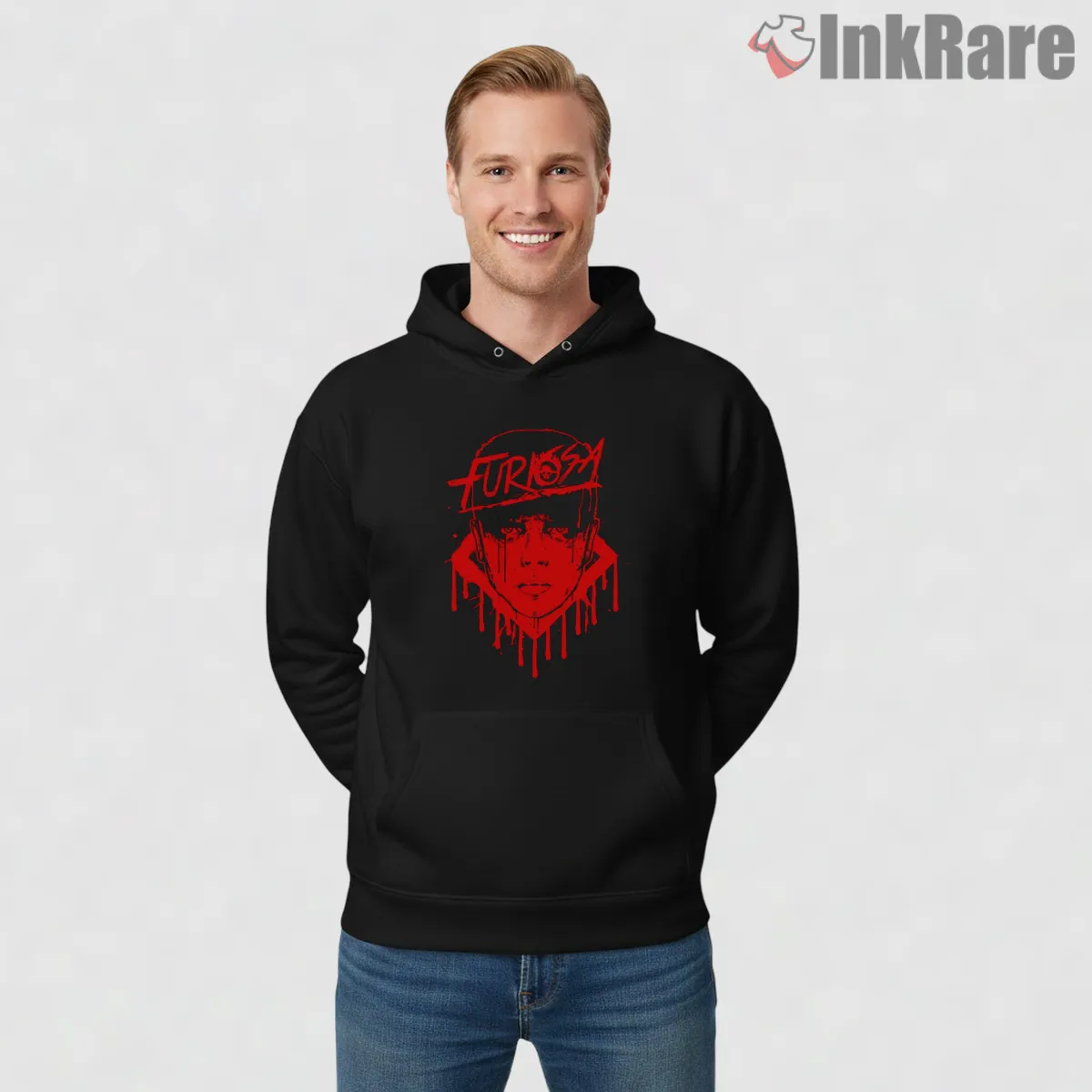 Imperator Furiosa Red Drip Stencil Portrait Mad Max Shirt on black hoodie for men graphic tee