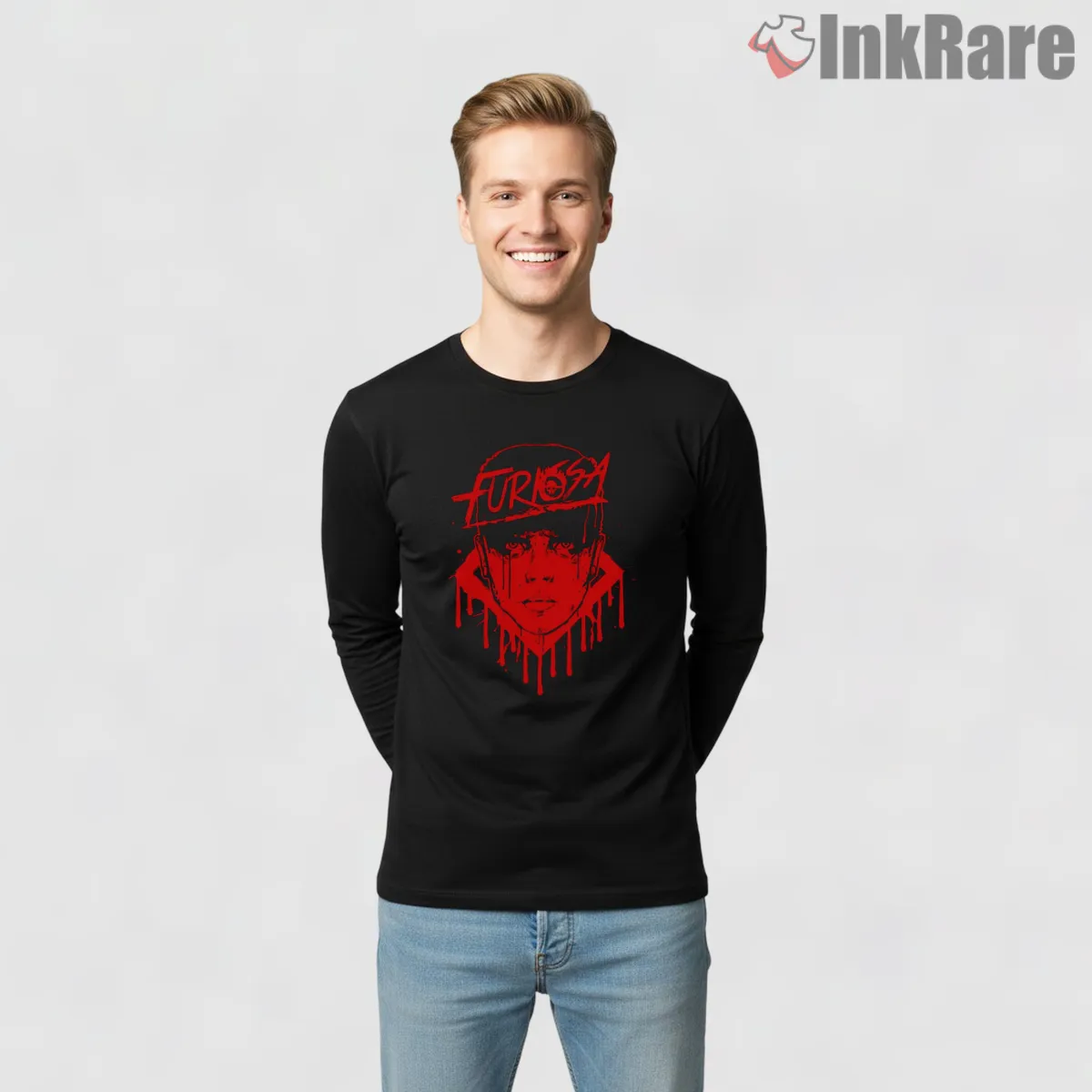 Imperator Furiosa Red Drip Stencil Portrait Mad Max Long Sleeve Black Imperator Furiosa Red Drip Stencil Portrait Mad Max Shirt on black long sleeve shirt for men graphic tee