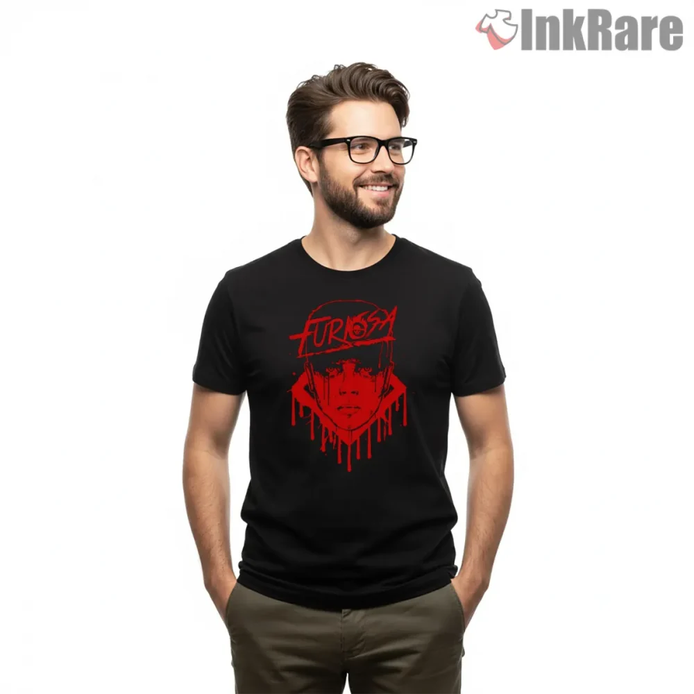 Imperator Furiosa Red Drip Stencil Portrait Mad Max Shirt on black short sleeve shirt for men graphic tee