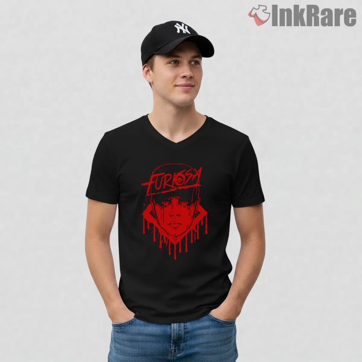 Imperator Furiosa Red Drip Stencil Portrait Mad Max V Neck Black Imperator Furiosa Red Drip Stencil Portrait Mad Max Shirt on black v-neck shirt for men graphic tee
