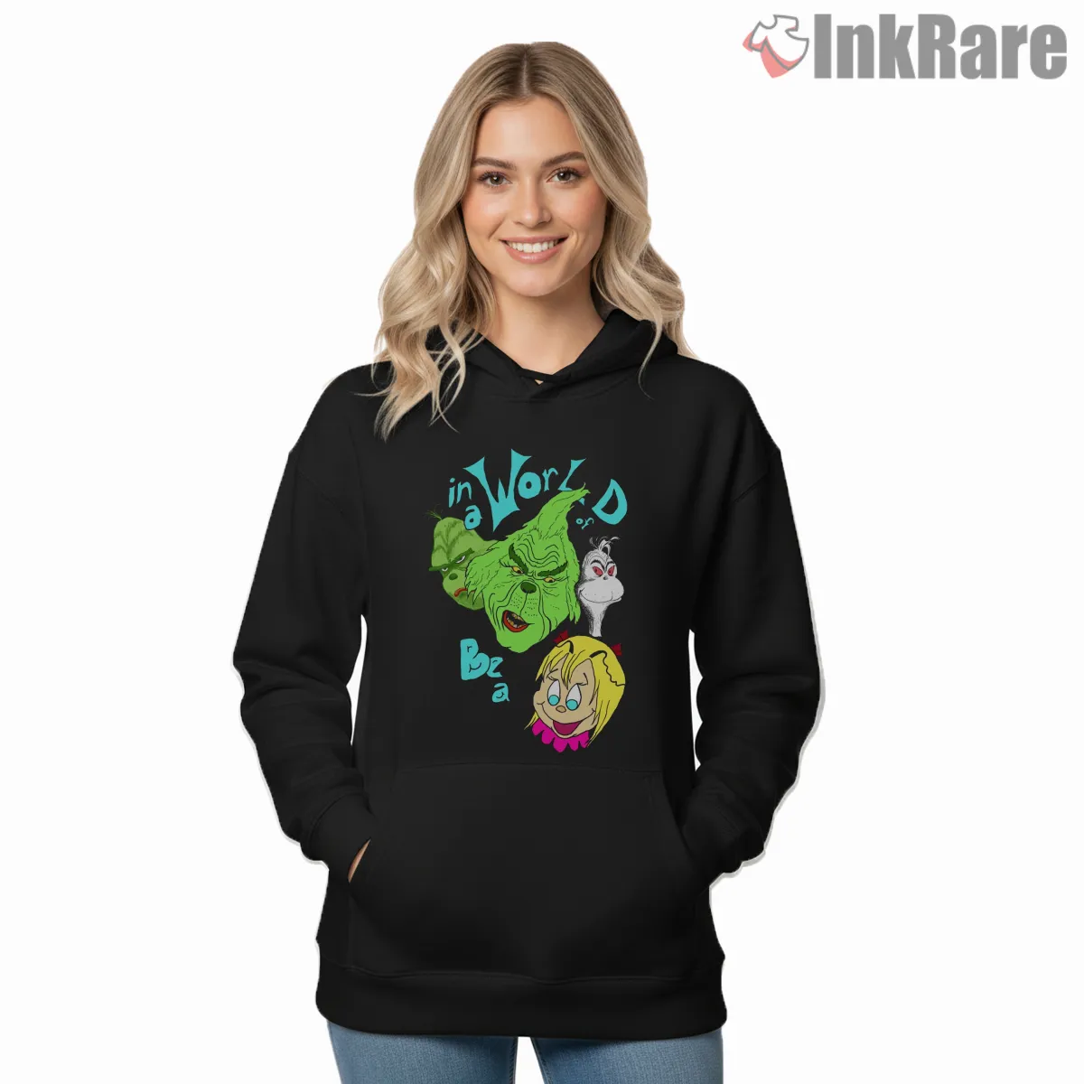 In A World Of Grinches Be A Cindy Lou Who Neon Hoodie Black In A World Of Grinches Be A Cindy Lou Who Neon Shirt on black hoodie for women graphic tee