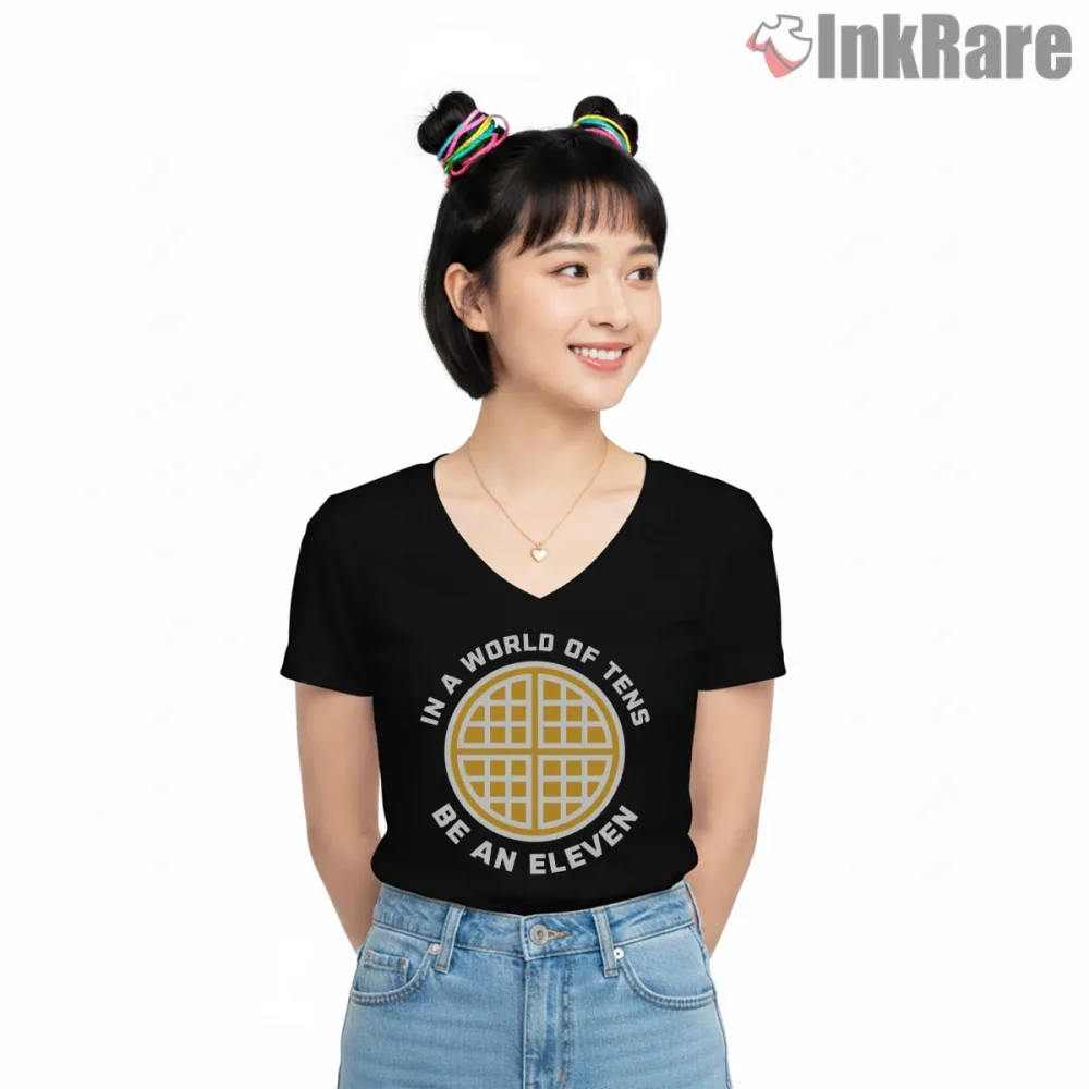 In A World Of Tens Be An Eleven Retro Waffle Icon Shirt on black v-neck shirt for women graphic tee