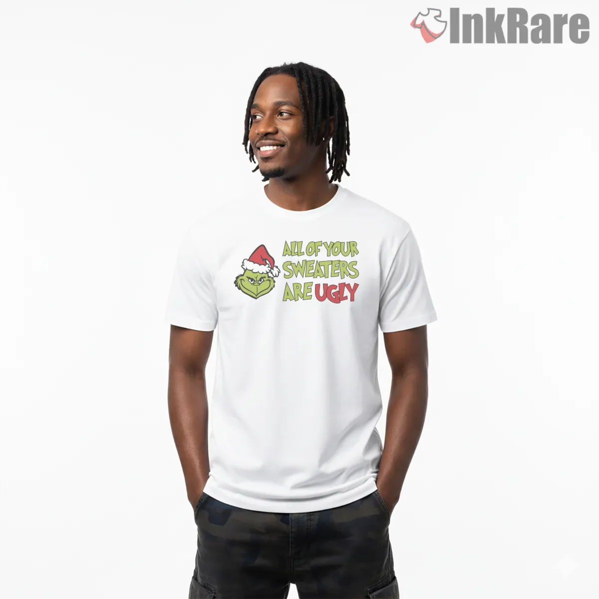 In My Grinch Era All Your Sweaters Are Ugly Shirt on white short sleeve shirt for men graphic tee