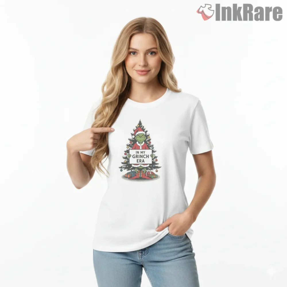 In My Grinch Era Christmas Tree Shirt on white short sleeve shirt for women graphic tee