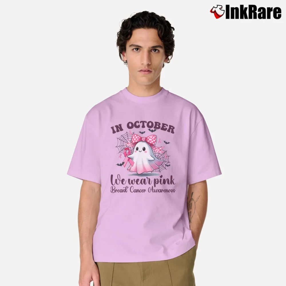 Men’s In October We Wear Pink Breast Cancer Halloween Classic T-Shirt in light pink | Soft, Breathable Everyday Wear