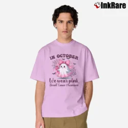 Men’s In October We Wear Pink Breast Cancer Halloween Classic T-Shirt in light pink | Soft, Breathable Everyday Wear