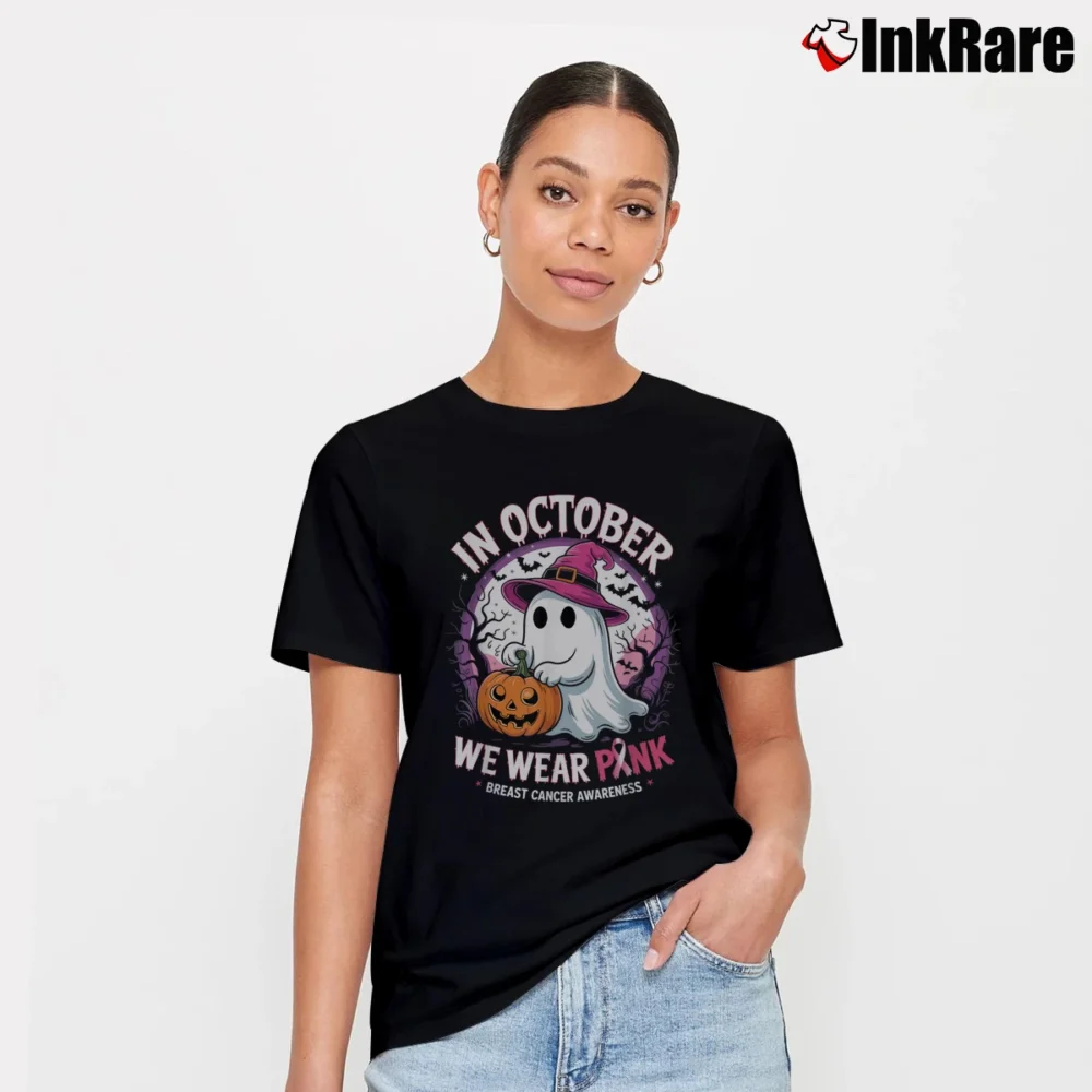 Women’s In October We Wear Pink Ghost Breast Cancer Halloween T-Shirt in black | Soft, Flattering Fit