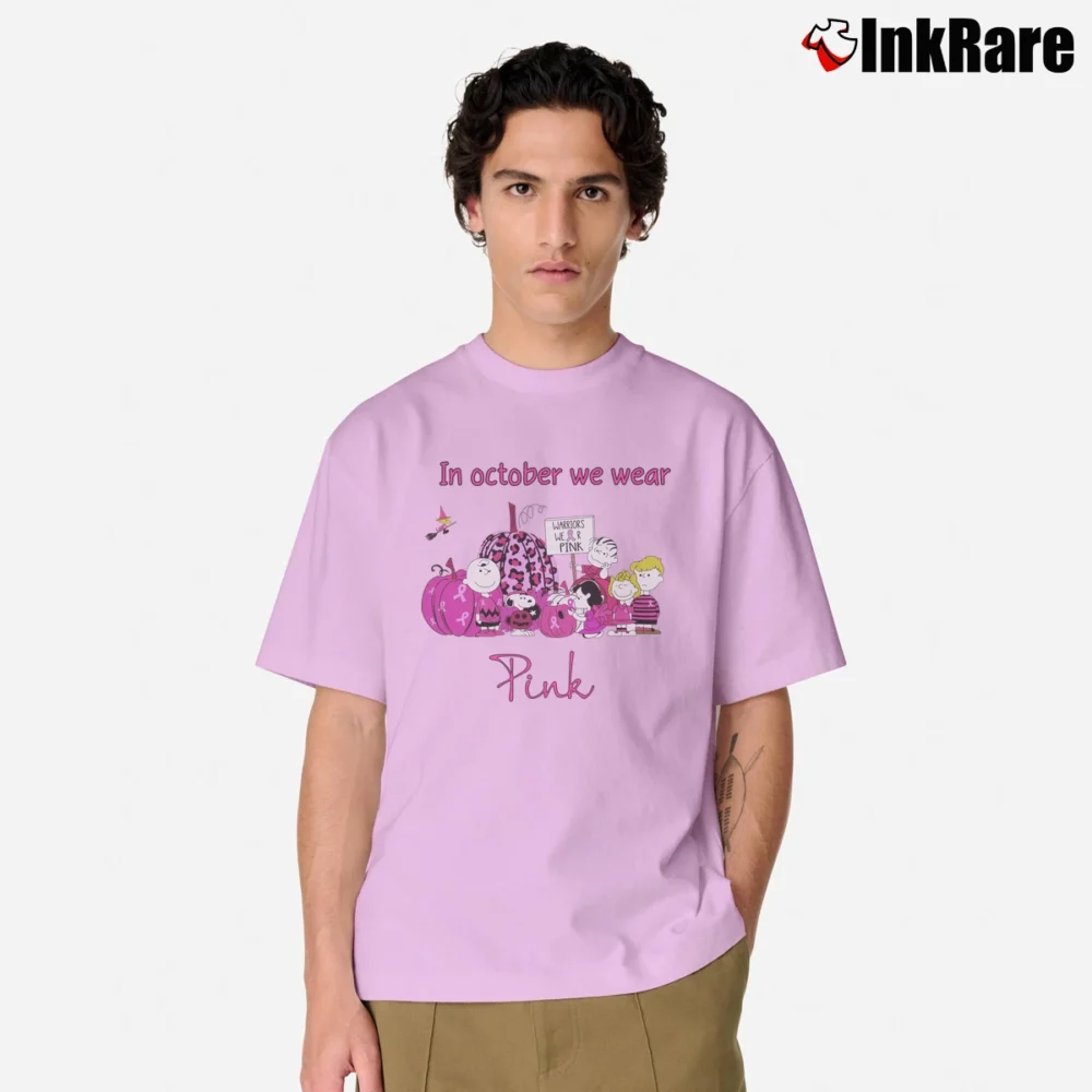 Men’s In October We Wear Pink Snoopy Breast Cancer Awareness Classic T-Shirt in light pink | Soft, Breathable Everyday Wear
