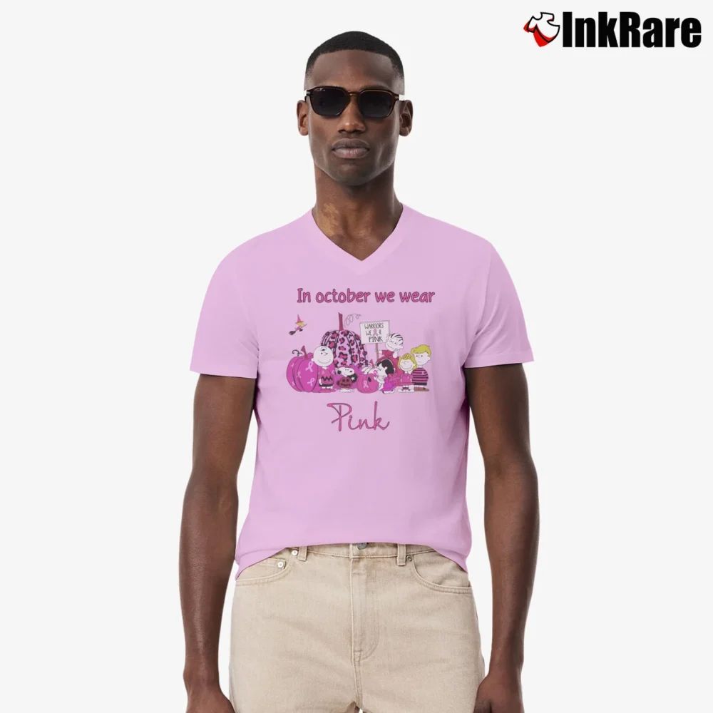Men’s In October We Wear Pink Snoopy Breast Cancer Awareness V-Neck Tee in light pink | Sharp, Breathable, Everyday Staple