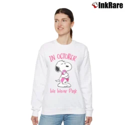 Women’s In October We Wear Pink Snoopy Breast Cancer Relaxed Sweatshirt in white | Soft, Laid-Back Vibe