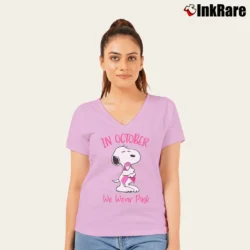 Women’s In October We Wear Pink Snoopy Breast Cancer V-Neck Tee in light pink | Chic Neckline, Soft Texture